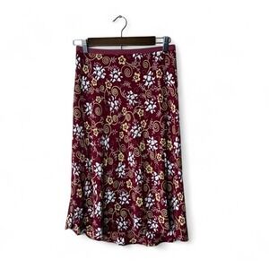 VTG Y2K Loco Lindo  Floral Midi Skirt Maroon Crepe A-Line Low Rise Flowy